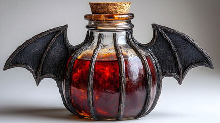 Round potion bottle with bat wings filled with a red liquid, stoppered with cork, set against a pale background