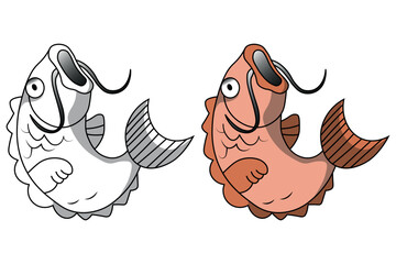 Illustration of Playful Cartoon Fish in Colorful and Black-and-White Versions