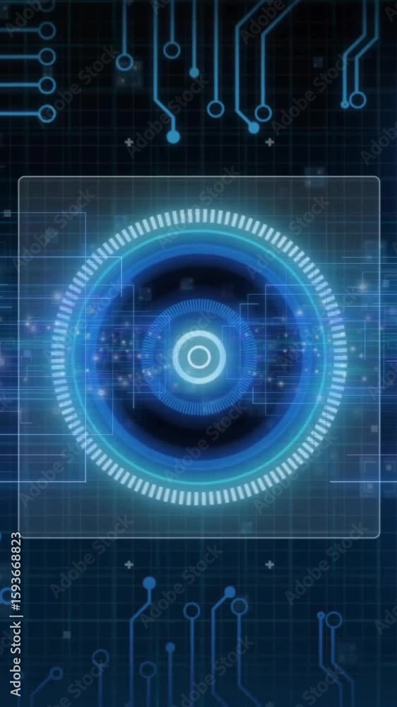Poster Animation of glowing circular element with circuit patterns in futuristic interface