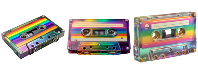 Colorful Retro Cassette Tapes Reflecting Rainbow Hues and Nostalgia