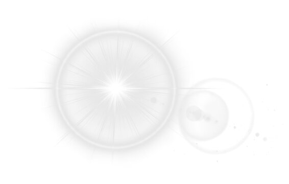 Soft sunlight lens flare overlay. Glowing starburst and sunrays for front light effects on transparent background