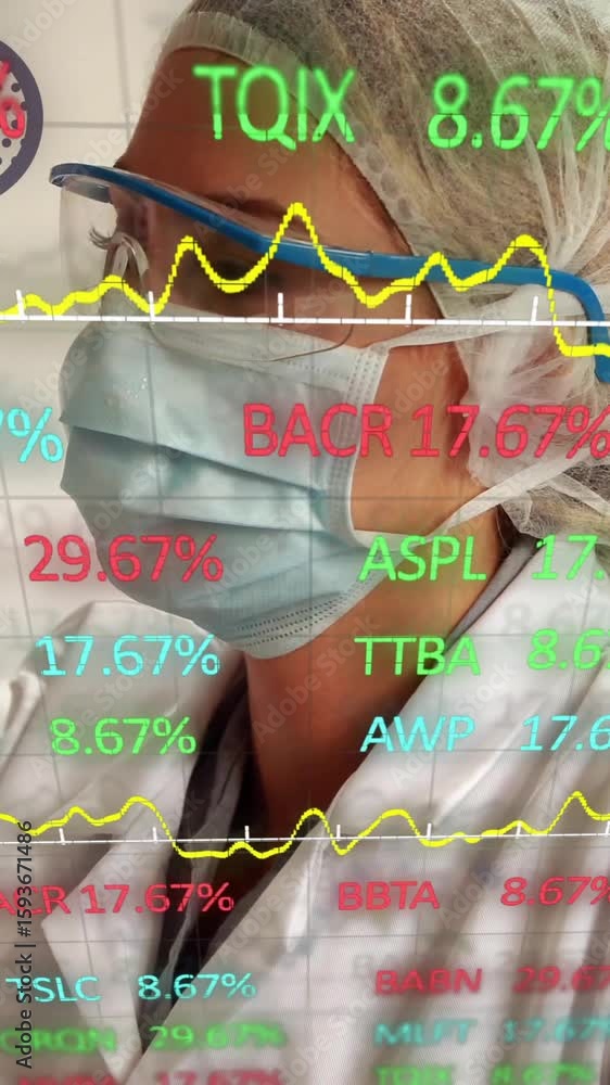 Poster analyzing data with stock market graphs, scientist working in laboratory setting