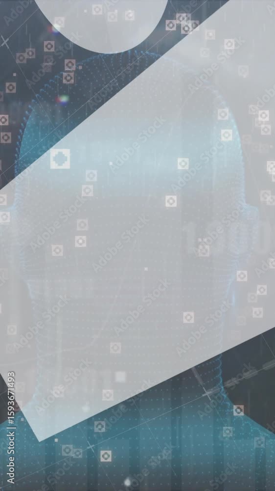 Poster animation of abstract geometric shapes and data charts on digital network background