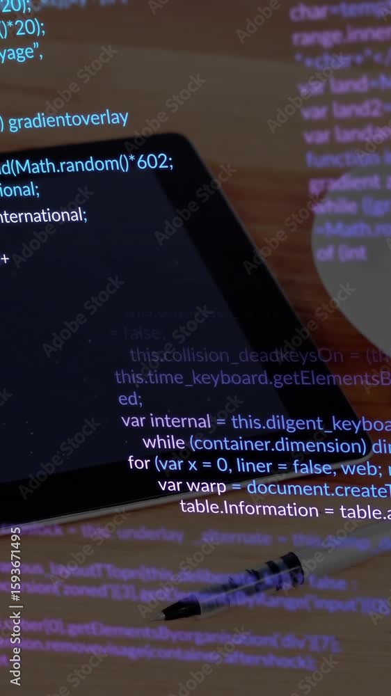 Poster tablet with programming code and pen on wooden desk, animation showing