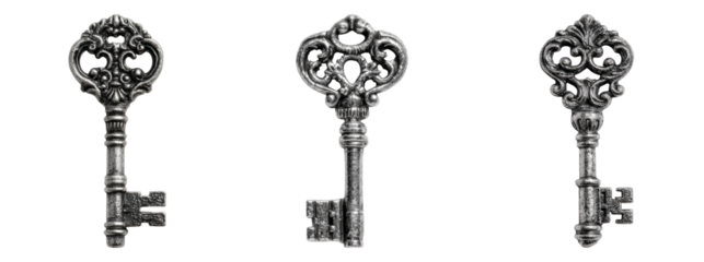 Three Ornate Vintage Keys with Intricate Designs and Details