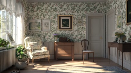 Sunlit room with floral wallpaper, antique furniture, and framed artwork