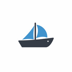 Simple graphic illustration of a sailboat with a blue sail and dark hull, depicted against a plain white background.