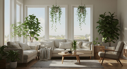 Obraz premium A modern living room interior featuring stylish furniture, a wooden table, and elegant decor, all bathed in natural light from a large window