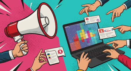 Pop art communication concept: Loudspeaker and digital platforms for social media