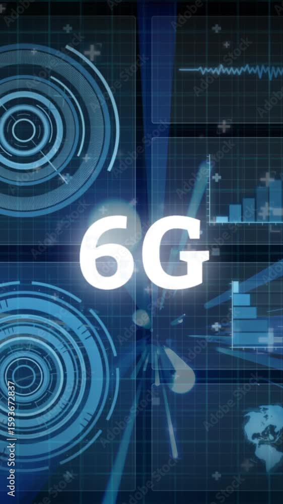 Poster animation of 6g technology with futuristic digital graphics and data processing