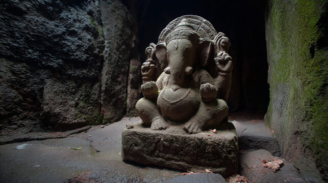 Ancient Ganesha God Drawing Stone Carving in Cave, India Religious Heritage