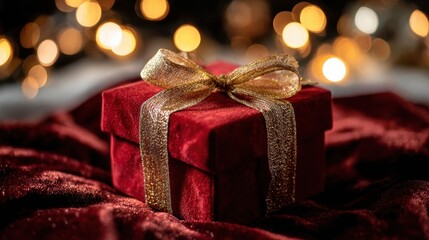 Elegant Gift Box with Golden Ribbon on Soft Fabric Background