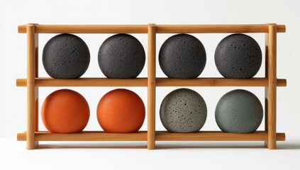 Wooden rack holds six round, colorful objects