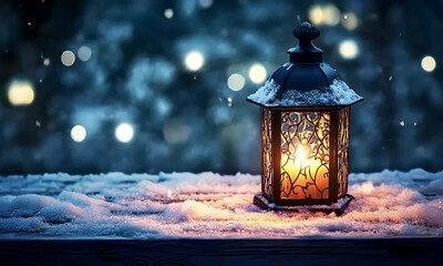 Enchanting winter scene with glowing lantern amidst a snowy landscape evokes peace - Powered by Adobe