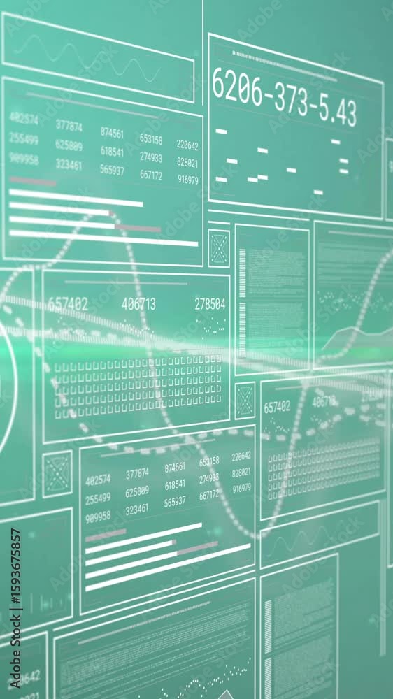 Poster digital data and graphs with glowing wave animation on green background