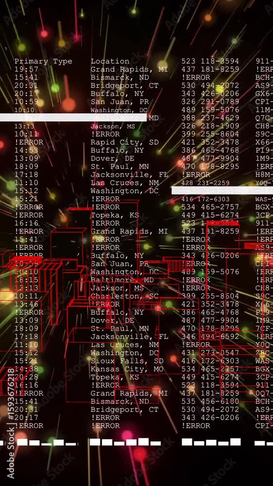 Poster digital data streams and coding animation with colorful lights and numbers