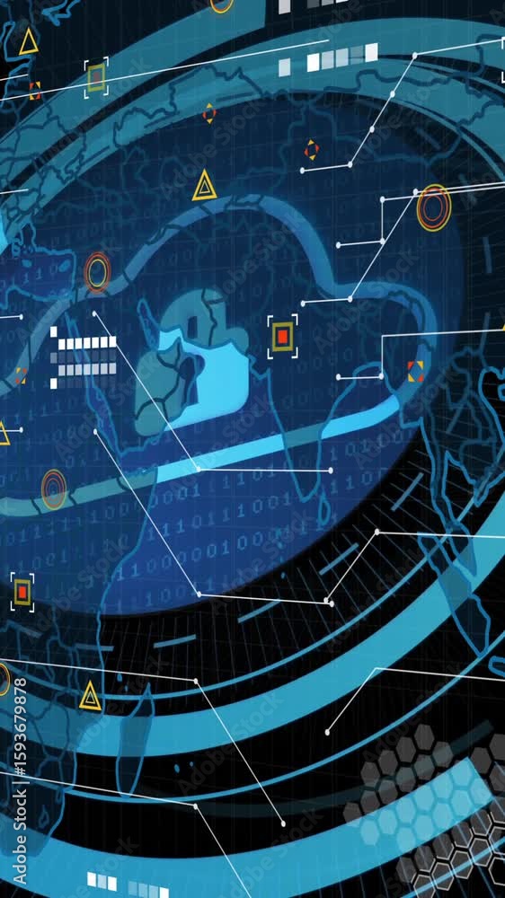 Poster animation of futuristic digital interface with world map and geometric patterns
