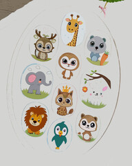 set of funny animals in table