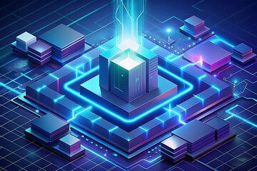 Obraz premium Abstract digital technology background. Isometric AI chip with AI hologram with circuit tech bg. Connected lines electric lightning. Bright light neon blue quantum CPU processor. illustration.