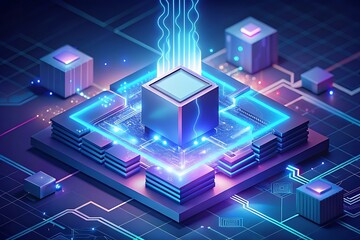 Abstract digital technology background. Isometric AI chip with AI hologram with circuit tech bg. Connected lines electric lightning. Bright light neon blue quantum CPU processor. illustration.