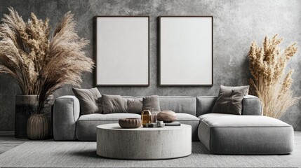 Modern living room with neutral tones and pampas grass