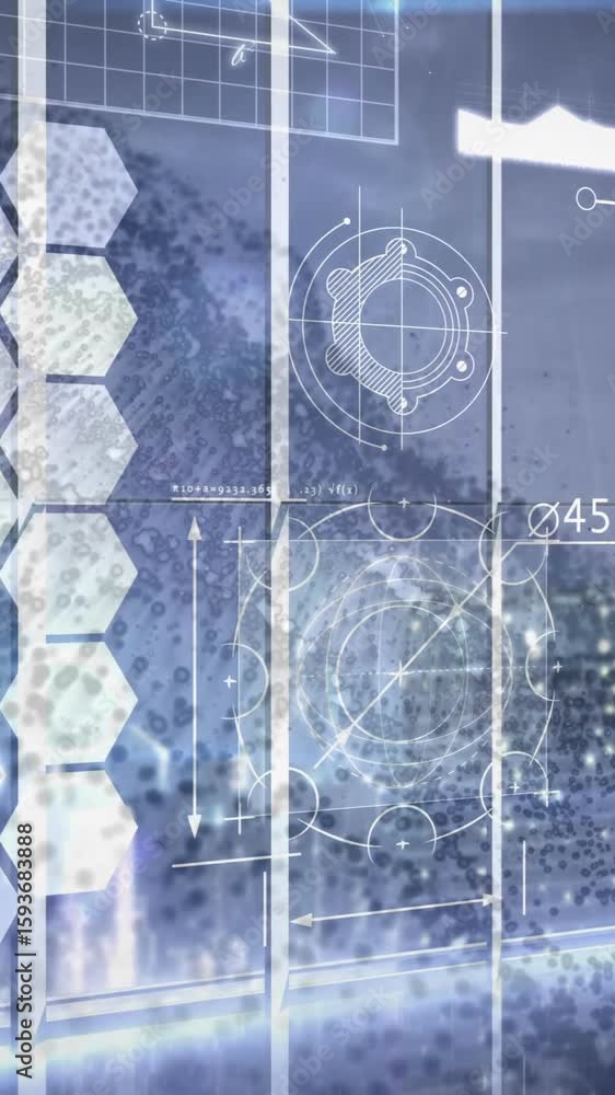 Poster in school, animation of futuristic digital interface with hexagons and graphs