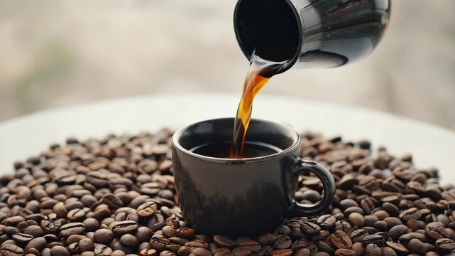 Top View Slow Motion of Hot Coffee Flowing from Moka Pot to Cup