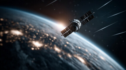 Detailed satellites orbiting above Earth, a space background filled with stars and meteor trails, a partially visible planet with city lights shining across the continents, the curvature of the Earth 
