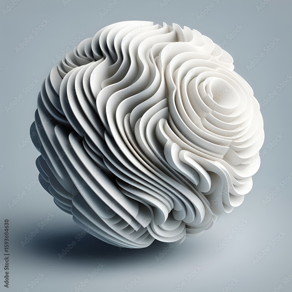 Poster intricate white sphere composed of layered swirls creating an abstract, mesmerizing, textured form.