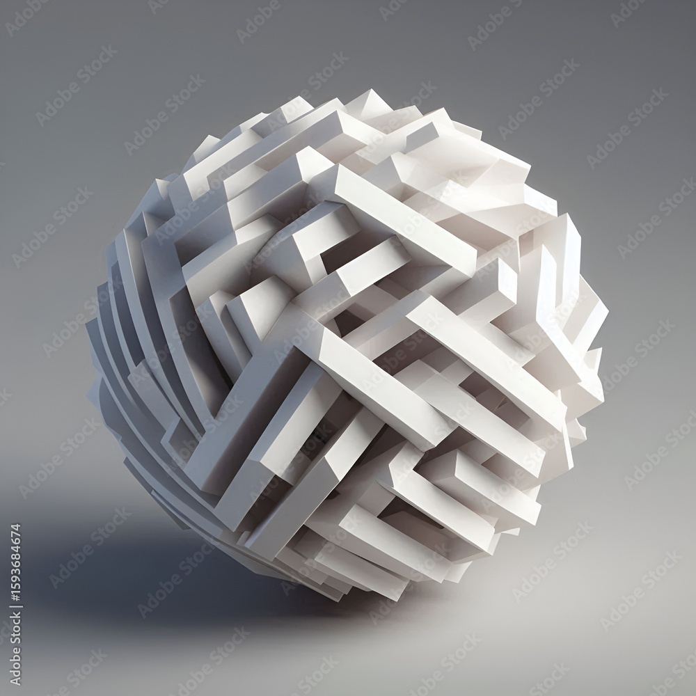 Poster abstract sphere constructed of interlocking white geometric shapes, creates dimension and depth.