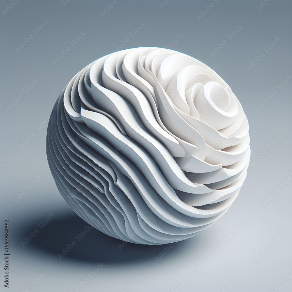 Poster sculpted sphere with layered patterns evokes a sense of flowing movement and soft textures.