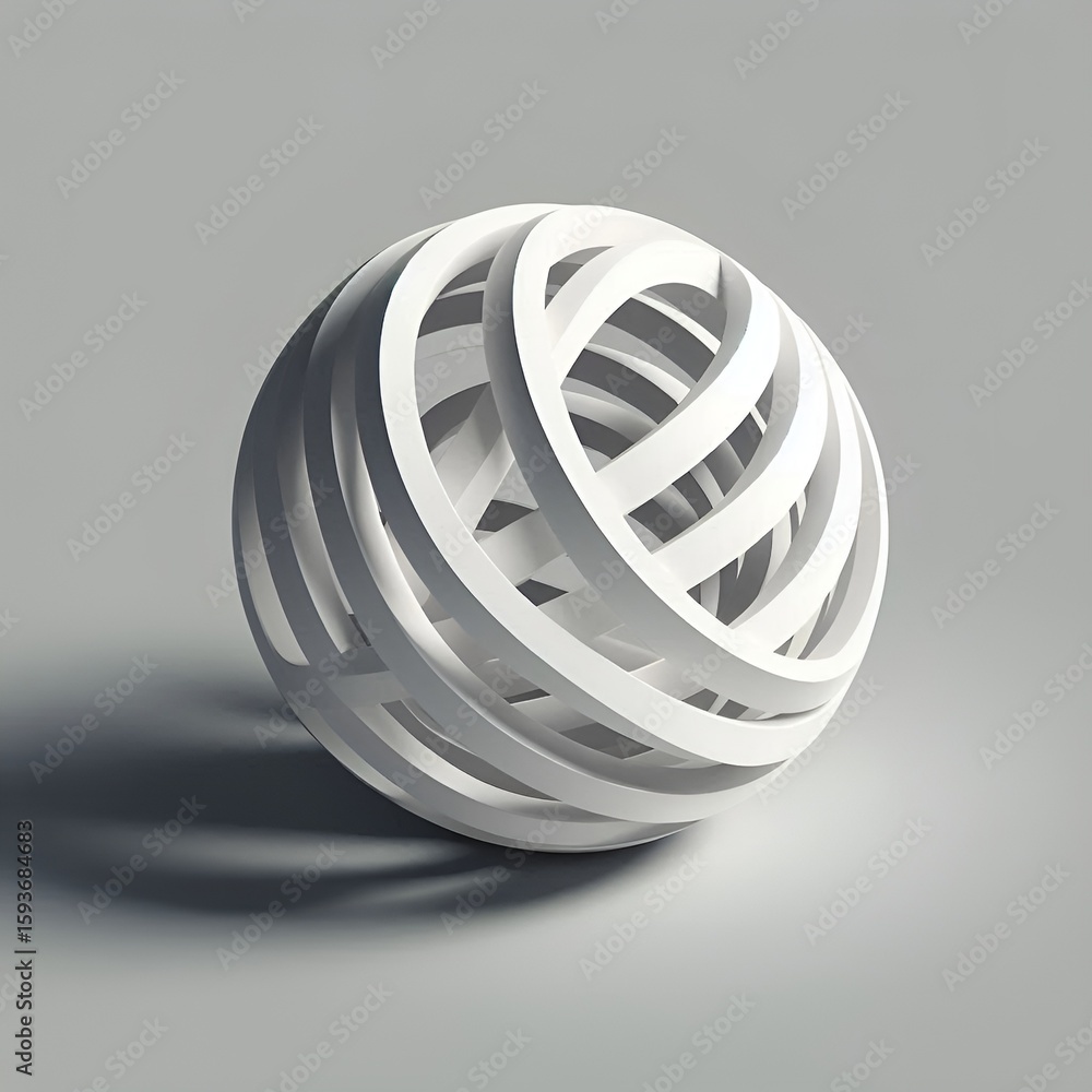 Poster abstract white sphere composed of interconnected rings conveys complexity, purity and modern design.