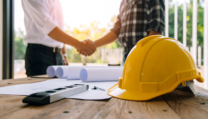 Construction workers in yellow hardhats and safety gear diligently work with tools at a bustling industrial building site