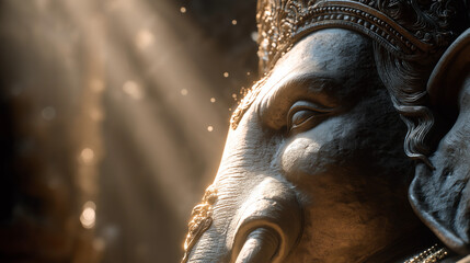 Detailed Ganesha God Drawing with Divine Light and intricate details for poster