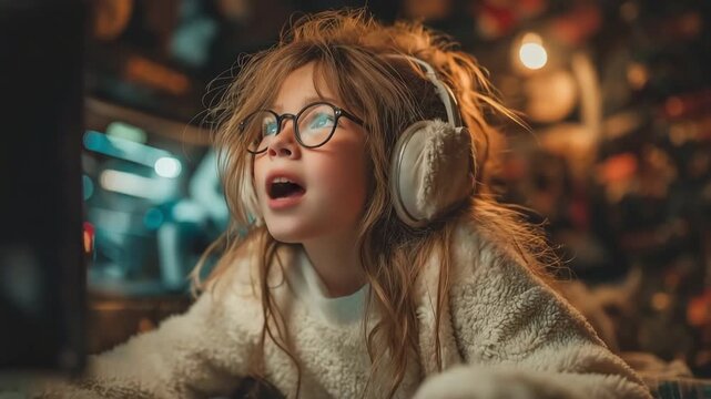 A focused young girl who enjoys playing computer games at home and chatting into a microphone