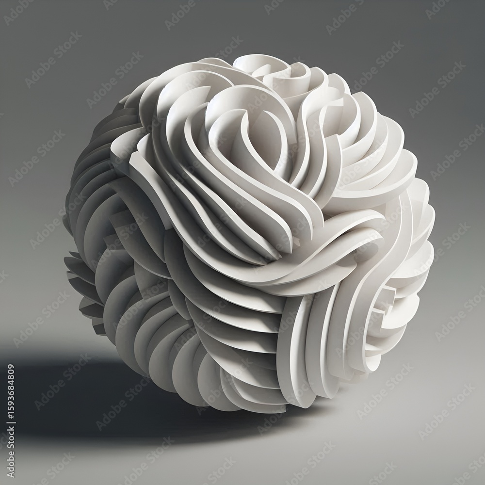 Poster intricate swirling patterns form a spherical shape with white, smooth, and rhythmic texture.