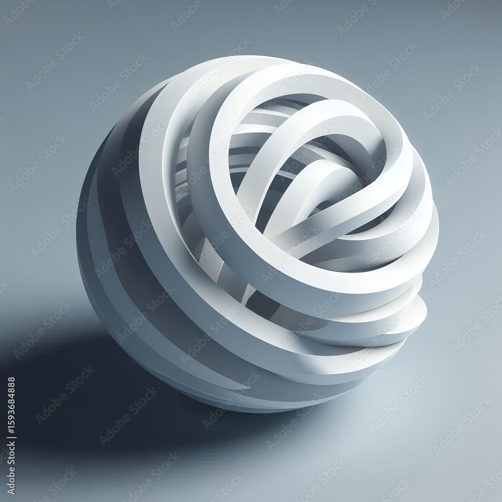 Poster a spherical abstract form constructed from interlocking white bands in a clean studio light setting.