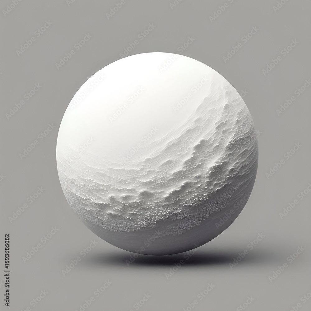 Poster textured white sphere floats subtly against a soft gray background, evoking calmness and simplicity.