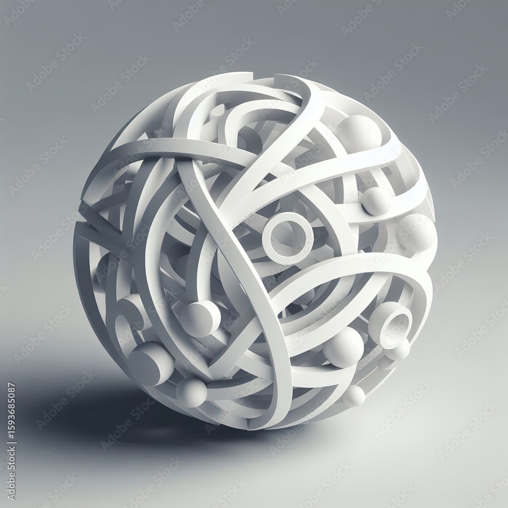 Poster a complex geometric white sphere composed of interconnected shapes floats with soft shadows.