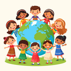 Fototapeta premium Diverse children holding hands around a globe, symbolizing unity, friendship, and global community.