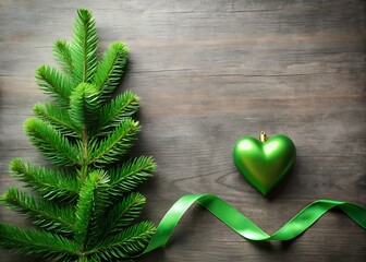 Green christmas tree branch with shiny heart ornament and satin ribbon on rustic wood background