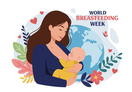 Illustration depicts a mother breastfeeding her baby, celebrating World Breastfeeding Week, with floral and heart elements. - Powered by Adobe