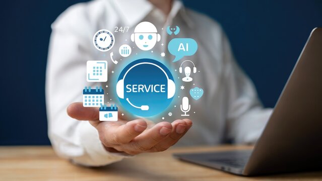 Hand holding customer service icons with laptop, showing support and assistance available now