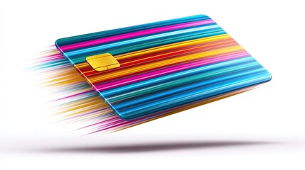Credit card with vibrant, colorful, horizontal lines appears to zoom across white space