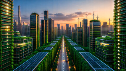 Sustainable Cityscape: Green Buildings, Solar Panels & Wind Turbines