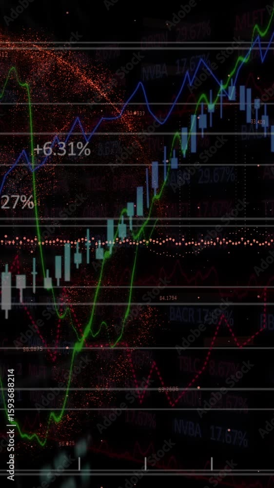 Poster stock market data and fluctuating graphs over digital world map animation