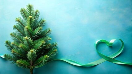 Small evergreen tree with a green ribbon forming a heart shape on a textured blue background