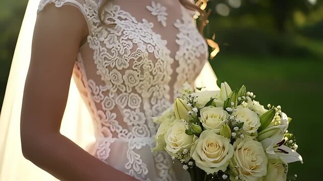 Bride in lace gown holds white rose and lily bouquet in outdoor wedding video