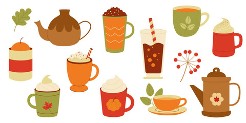 Autumn Tea and Coffee Vector Set. Cozy Hot Drinks and Teapots in Fall Colors
