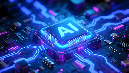 Advanced Artificial Intelligence Microchip with Glowing Blue Circuitry on Black Motherboard Technology Background